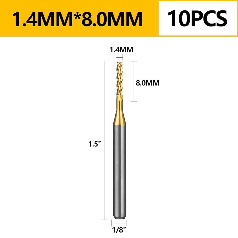 WEXWE Tools 10Pcs 1.4mm TiN Coating Solid Carbide End Mill Engraving Milling Cutter CNC Router Bits for PCB Machine, 1/8" Shank 1BOX - Image 5